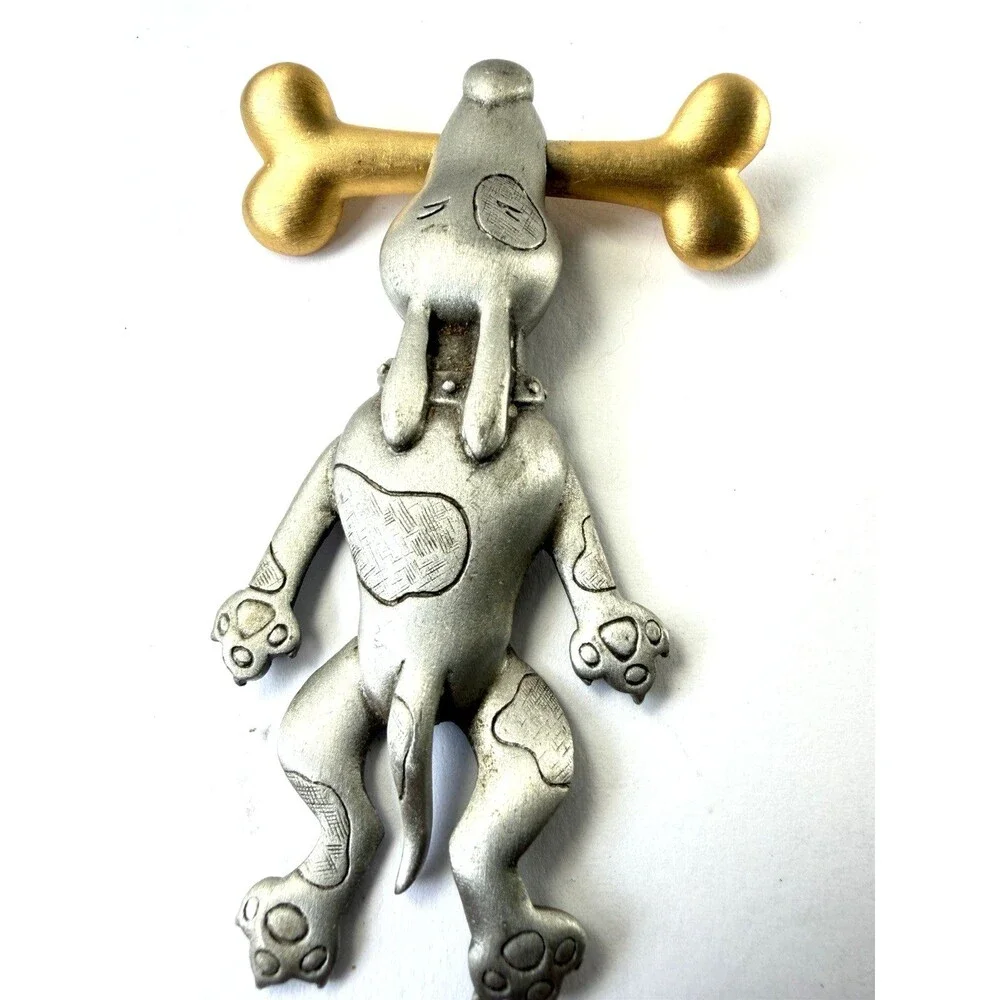Vintage JJ Jonette Articulated Dog Brooch Silver Pin Pewter Gold Bone Cute 90s